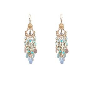 Vintage bohemian tassel earrings with colorful beads and gold metal drops on white background