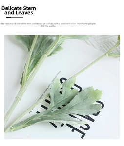 Close-up of artificial flower stem with realistic white flocking and leaf texture