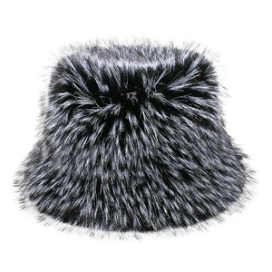 Detailed close-up of thick gradient faux fox fur texture on a winter bucket hat for women