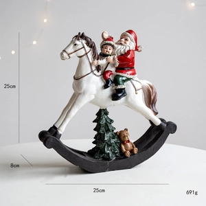 Detailed Christmas resin rocking horse ornament featuring Santa Claus, 25cm size