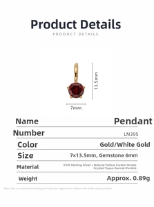 Detailed size chart showing S925 sterling silver gemstone pendant with 13.5mm height