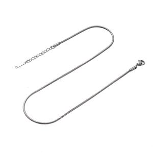 Close-up of silver snake chain necklace with lobster clasp and extension chain detail