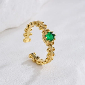 Minimalist Open Ring Copper 18K Gold Plated Emerald Green Zircon Geometric Adjustable Band Vintage Style Jewelry Women