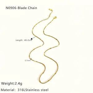 Detail view of 0.7mm thin 18K gold plated stainless steel snake chain showing 40+5cm length