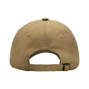 Close-up of adjustable metal buckle and strap on khaki washed cotton baseball cap