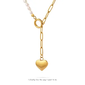 Asymmetric Freshwater Pearl Heart Pendant Necklace 18K Gold Plated Titanium Steel Toggle Clasp Elegant Jewelry For Women