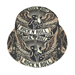 Rock 'N' Roll bucket hat featuring vintage electric guitar and wing graphic prints