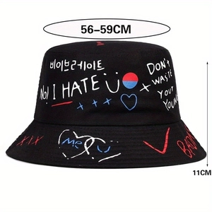 Reversible Korean graffiti bucket hat with black sun protection and wide brim for outdoors