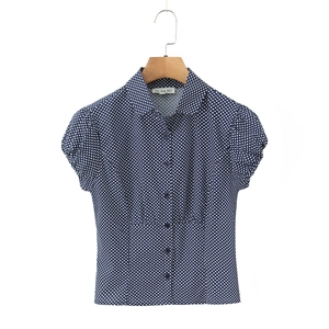 Women Polka Dot Shirt Polyester Short Puff Sleeve Button Down Lapel Collar Retro Sweet Summer Blouse For Lady