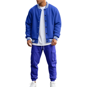 Front view of men's blue and white baseball jacket and cargo pants two-piece tracksuit