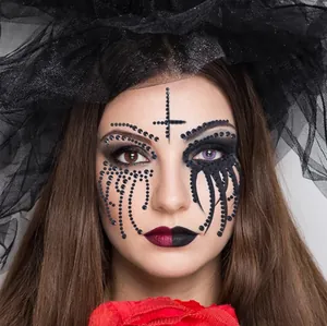 Gothic Halloween face rhinestones with black veil and red ruff for stage makeup decor