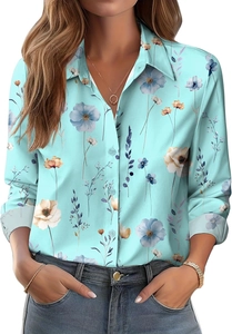 Detail of floral printed long sleeve blouse with lapel collar and mint green chiffon texture