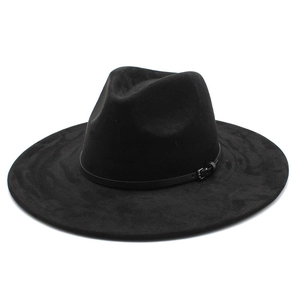 Classic black wide-brimmed felt fedora hat with a stylish leather band and metal buckle