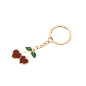 Cute cherry heart keychain with gold metal ring and red glitter heart pendants