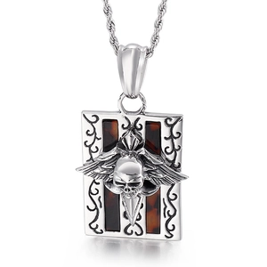 Retro stainless steel necklace featuring shield pendant with winged skull and dagger design