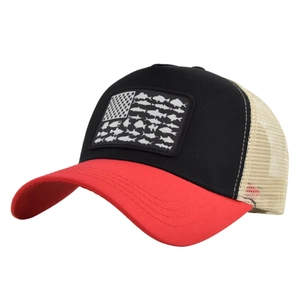 Side view of a mesh trucker hat with fish flag patch and breathable mesh structure