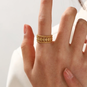Three-layer 18K gold plated stainless steel open ring with wheat leaf embossed texture