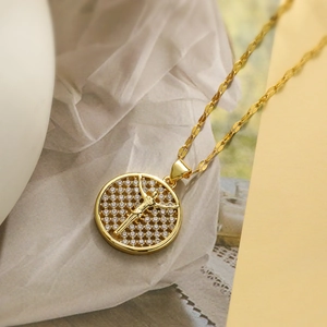 Gold plated cross pendant necklace with round zircon halo and wave chain for women