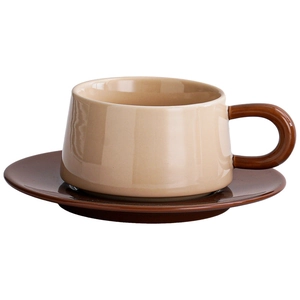 Nordic ceramic coffee cup and saucer set in beige and dark brown glossy finish