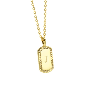 Gold plated rectangular necklace featuring letter J pendant with shimmering crystal border