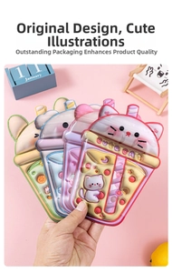 Detail view of four colorful cute cat themed PVC zipper bags for snacks and jewelry