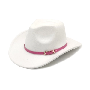 Western Cowboy Fedora Hat Wide Brim Cotton Polyester Felt Retro Style With Contrast Pink Belt Buckle For Men Women