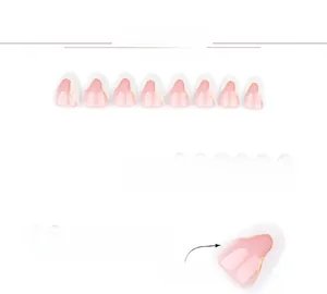 Detail of 24 pieces of almond-shaped press-on nails with pink-white French design and gold trim