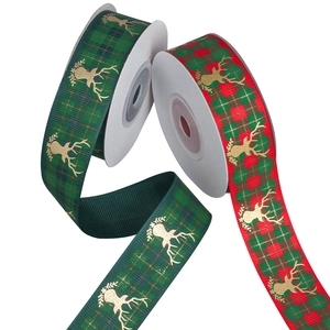 Christmas plaid grosgrain ribbon with gold reindeer print for gift wrapping and DIY decor