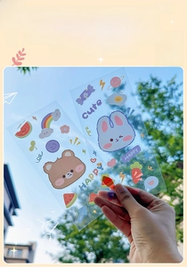 Detail of waterproof cartoon stickers with cute bear and rabbit motifs on clear film