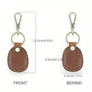 Brown leather Airtag keychain case with precise dimensions for front and back view