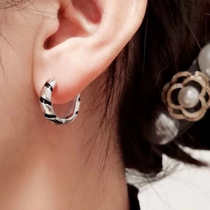 S925 sterling silver hoop earrings with black and white stripes for a stylish look