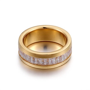 Fashionable gold stainless steel ring with rectangular pavé set white zircon stones