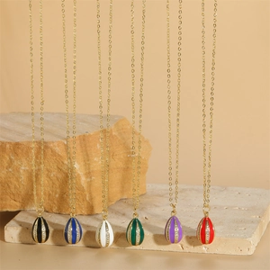 Teardrop pendants with enamel finish and gold chain in six vibrant colors