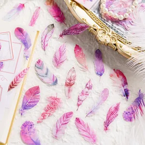 Watercolor feather PET stickers for journaling with elegant pink and purple aesthetic design