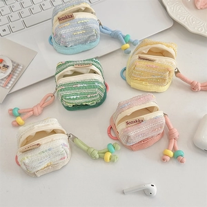 Mini tweed backpack cases for wireless earphones with colorful woven lanyards and bead details