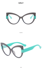 Detailed front and side views of cat-eye TR90 frames in gray and mint green color