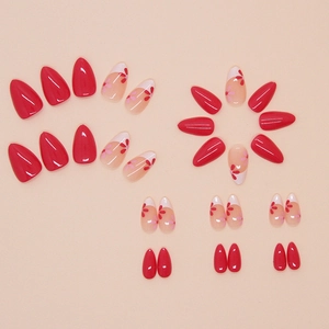 Rose pink almond press-on nails with minimalist floral painted designs set