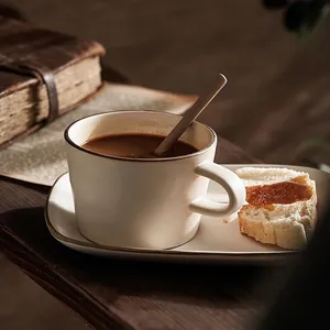 Japanese Banko-yaki ceramic coffee cup set with rectangular saucer and matching spoon
