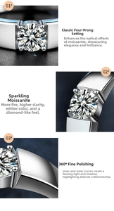 Macro detail of Moissanite ring featuring classic four-claw setting and polished silver band