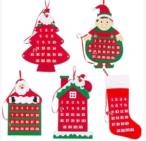 Christmas felt countdown calendars in tree and Santa shapes with 24 date pockets