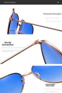 Detail of blue lenses, rose gold metal frames, and silicone nose pads on heart sunglasses