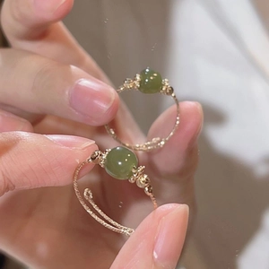 New Chinese Style Adjustable Copper Ring With Green Imitation Jade Lucky Bead Vintage Twisted Band Jewelry For Women
