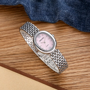 Elegante orologio al quarzo da donna con quadrante ovale rosa e cinturino argento