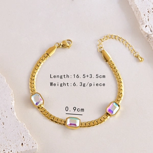 Detailed view of gold rectangular gemstone bracelet with snake chain and product dimensions