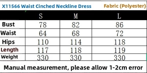 Detailed size chart for halter neck belted dress showing S to L dimensions in centimeters