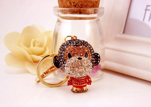 Detailed view of monkey keychain with sparkling multicolored rhinestones and gold ring