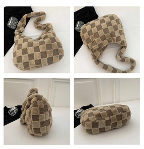 Multi-angle views of brown and beige checkerboard plush shoulder bag showing texture