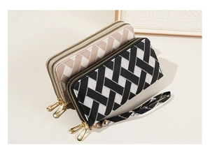 Detail of dual-zipper long wallets featuring textured geometric patterns and wrist straps