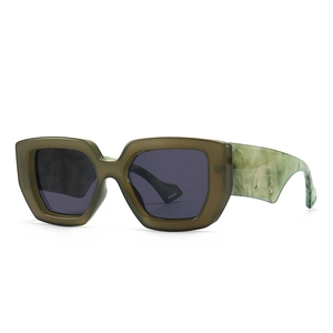 Modern oversized olive green sunglasses with marble textured temples and dark grey lenses
