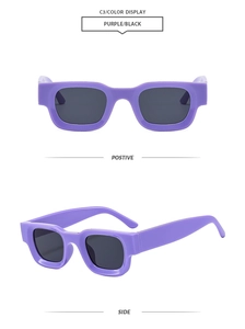 Detail view of vintage square sunglasses in purple and black with multi-angle perspectives